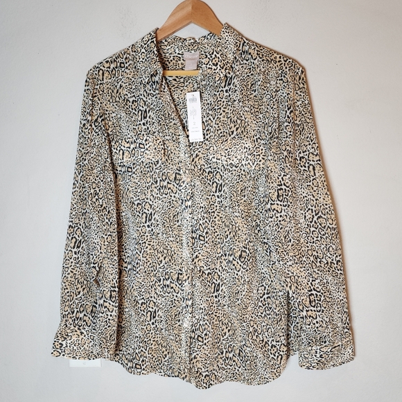 NWT Chico's Leopard Animal Long Sleeve Button Easy Shirt Size Large 12/14